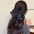 Elegant black polka dot satin bow hair clip with long tassels for women - Spring Clips / Black Polka Dot