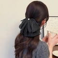 Molla per capelli con fiocco a pois e perla, elegante fermaglio in chiffon nero - Polka Dot Nero
