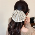Elegante fermaglio per capelli a fiocco floreale beige con perle e design a strati - Beige Floreale