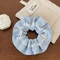 Detail of blue plaid scrunchie with white lace edges and Hand Made fabric label - Blue Plaid Scrunchie