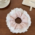 Detail of pink plaid fabric and white lace trim on the sweet scrunchie accessory - Pink Plaid Four-Layer Scrunchie