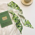 Grass green narrow silk scarf with white floral prints used as a decorative neckerchief - Green Cotton Flower Plant