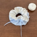 Blue plaid scrunchie with floral lace, light blue ribbon bow and pearl bead detail - Yellow Checkered Adjustable