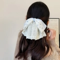 Sweet light blue floral and plaid hair bow clip with lace and pearl details - Blue Plaid Ponytail Clip