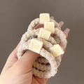 Set of 5 beige plush hair ties featuring cute bear motifs on square accents - Beige