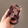 Elastic dark brown plush hair scrunchies with cute cartoon bear square leather label - Brown