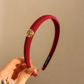 Eleganter dunkelroter Samt-Haarreif mit einer antiken goldenen Kamelien-Metallverzierung - Weinrote Kamelie (FG-0036)