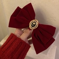 Elegant red velvet bow headband featuring a vintage gold rose charm with pearls - Wine Red Short Spring Clip