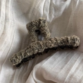 Close-up of soft brown faux fur hair claw clip texture on white linen background - Plush Straight Claw Clip-Khaki