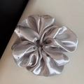 Detail of silver grey satin scrunchie with sparkling rhinestones and silk-like texture - Oversized Style / Silver
