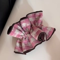 Detail of pink plaid tweed scrunchie showing fabric texture and brown edge stitching - Waisted Style