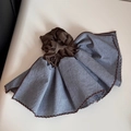 Detail of blue striped scrunchie with coffee-colored wavy lace trim on white surface - Fine Striped Skirt Edge - Blue