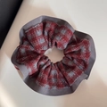 Detailed view of red and grey plaid scrunchie with thick fabric and dark grey piping - Gray Red Plaid Fabric Wide Scrunchie