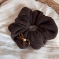 Detail of dark brown plush hair scrunchie with a velvet bow and sparkling rhinestone - Coffee Woolen Scrunchie