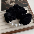 Elegant black velvet scrunchie with cascading white faux pearls for women ponytail - Black Velvet Style