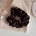 Detailed view of dark brown velvet scrunchie texture with high elasticity inner band - Velvet Pleated Small Circle-Coffee