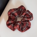 Detail of red plaid pattern and pleated fabric texture on classic scrunchie hair tie - Scrunchie / Dark Red Plaid