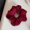 Detailed view of red and black polka dot scrunchie with textured cotton fabric - Small Polka Dot Red Scrunchie (FQ88455)