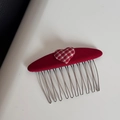 Detail of red heart plaid hair comb with 12-tooth silver metal clip for women's hairstyle - New Year Red Plaid Heart Hair Comb