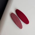 Detail view of red plaid and solid fabric hair clips with polished metal BB clip design - New Year Red Plaid Oval Clips