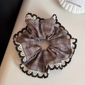 Detailed close-up of retro plaid scrunchie with lace trim and crochet wavy edges - Bean Paste Plaid - Lace Edge