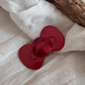 Glossy red bow hair clip with ceramic texture on a rustic linen fabric background - Rounded Double Bow Style (New Year Red-Cute Bow Clip) / Festive Red - Cute Bow Clip