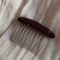 Close-up of deep wine red polka dot fabric hair comb with silver metal teeth - Dark Red Polka Dot (Oval Hair Comb)