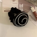 Detail view of a velvet rose hair scrunchie in deep brown with white stitched edges - Mint Chocolate Rose Flower Ring