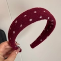Detail of burgundy wool sponge headband with vintage white polka dot pattern design - Woolen Red Dot Headband