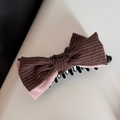 Dettaglio della grande clip per capelli a fiocco a righe doppio strato marrone e rosa - Fermaglio Verticale Fiocco Righe Caffè