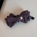 Close-up of dark purple lace bow hair claw with elegant engraved metal button detail - Double Layer Bow Banana Clip - Purple