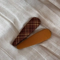 Detail of plaid and mustard yellow fabric BB hair clips on soft linen background - Brown Series Pair - Teardrop