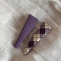 Detail of two purple argyle fabric BB hair clips on a textured linen background - Purple Series Pair - Triangle