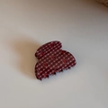 Detail view of a medium hair claw clip with red gingham plaid and strawberry patterns - Strawberry Plaid Small Fan Claw