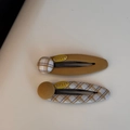 Set of two fabric hair clips featuring mustard yellow and gingham check patterns - Beige Plaid Bean Hair Clips