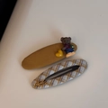 Detail of yellow bear hair clip and blue plaid handmade metal plate hairpin set - Beige Plaid Bear Hair Clips