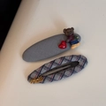 Detail of fabric hair clips with a cute 3D bear ornament and Handmade metal logo plate - Blue Gray Plaid Bear Clips