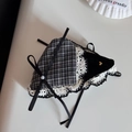 Close-up of black and white plaid hair claw with lace trim, ribbon bow, and pearl - Petal Edge - Triangular Claw Clip