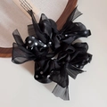Detail of black polka dot and organza ribbon hair scrunchies on a cream background - Ribbon Knot Polka Dot Style (Black) / Black