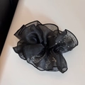 Close-up of black mesh scrunchie with silver rhinestones and elegant pleated texture - Black
