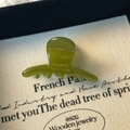 Detalle macro de pinza de pelo en acetato verde aguacate con logo dorado de France - Verde Fruta