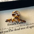 Détail d'une petite pince à cheveux marbrée avec gravure dorée France Handmade - Marron café