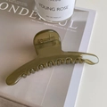 Detalle de pinza para el pelo verde oliva traslúcida sobre fondo de revista minimalista - Verde