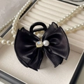 Macro della molletta per capelli a fiocco nero con strass quadrati e perle - Nero