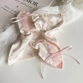Close-up of pink floral silk scrunchie with delicate lace edges and satin bows - Lace Bow - Square Wrap (21cm)