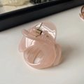 Gros plan d'une pince à cheveux rose translucide avec ressort en métal doré durable - Rose Pêche