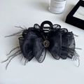 Macro shot of elegant black hair claw clip with polka dot mesh, feathers and jewelry stone - 13cm / Black Feather Polka Dot