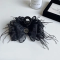 Elegant black polka dot tulle hair claw clip with feather trim and center rhinestone - 11cm / Black Feather Polka Dot