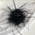 Detailed view of elegant black feather hair claw clip with mesh on white silk cloth - Black Feather Claw Clip