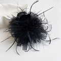 Vista ravvicinata dell'elegante pinza per capelli con piume nere e fiocco in rete sottile - Nero